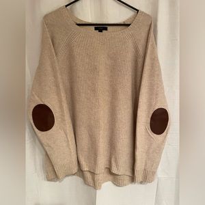 J.Crew cream wool crew neck sweater with leather elbow patches